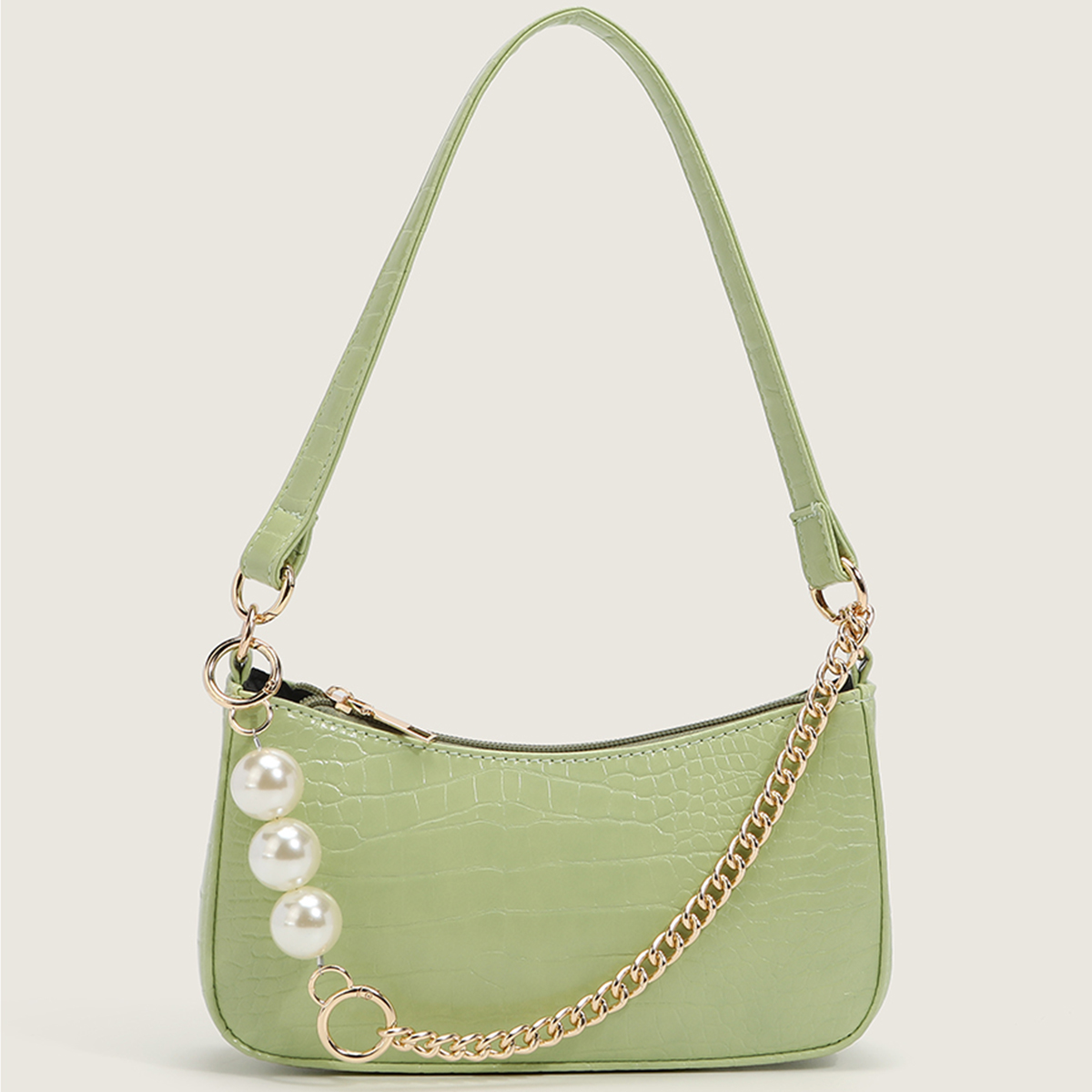 

HBP Shoulder bag female 2021 niche design trendy summer pearl chain baguette French crocodile pattern underarm crossbody, Green