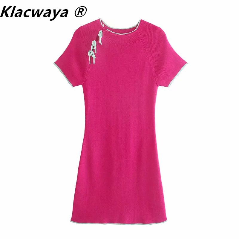 

Za Dress Woman Rose Red Knitted Short Bow Sleeve Mini Summer es Chinese Style Slim Elegant es 210521