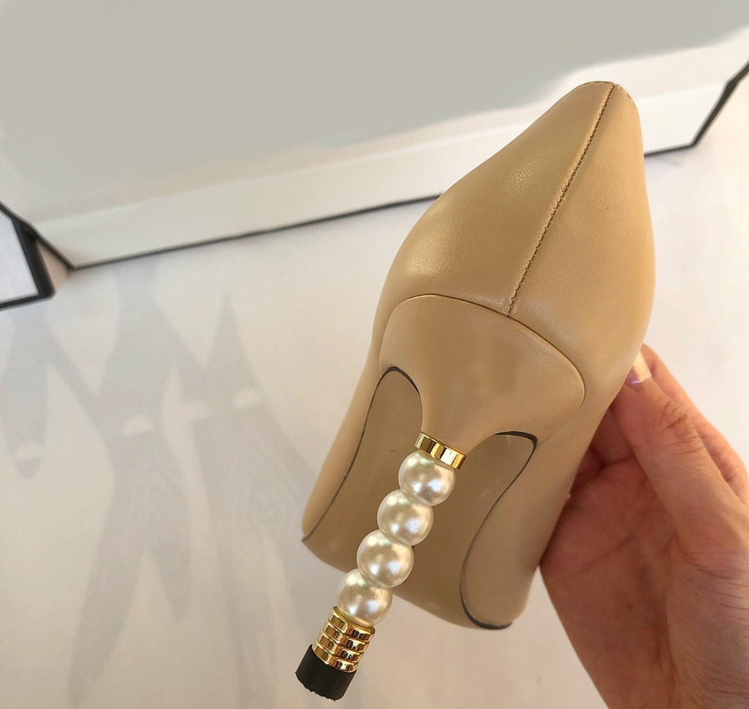 

2021 Fashion leisure Dress Shoes Designer Women Goatskin Grosgrain Pumps Genuine Leather Pearl High Heels C Lady Beige White Black Single