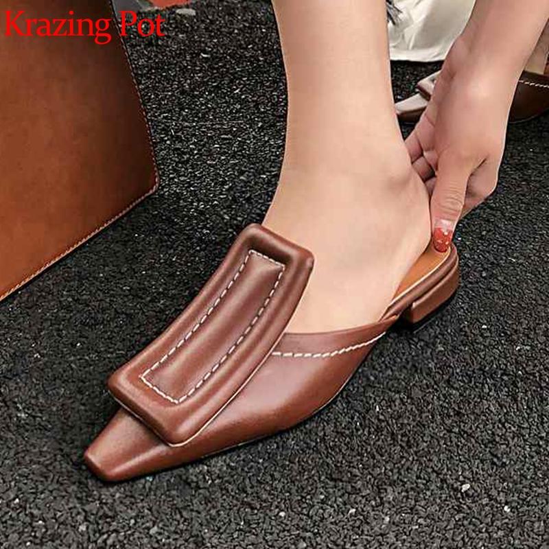 

Slippers Krazing Pot Genuine Leather Brand Shoes Square Buckle Low Heel Outside Big Size 43 42 41 Solid Preppy Style Mules L12, Black