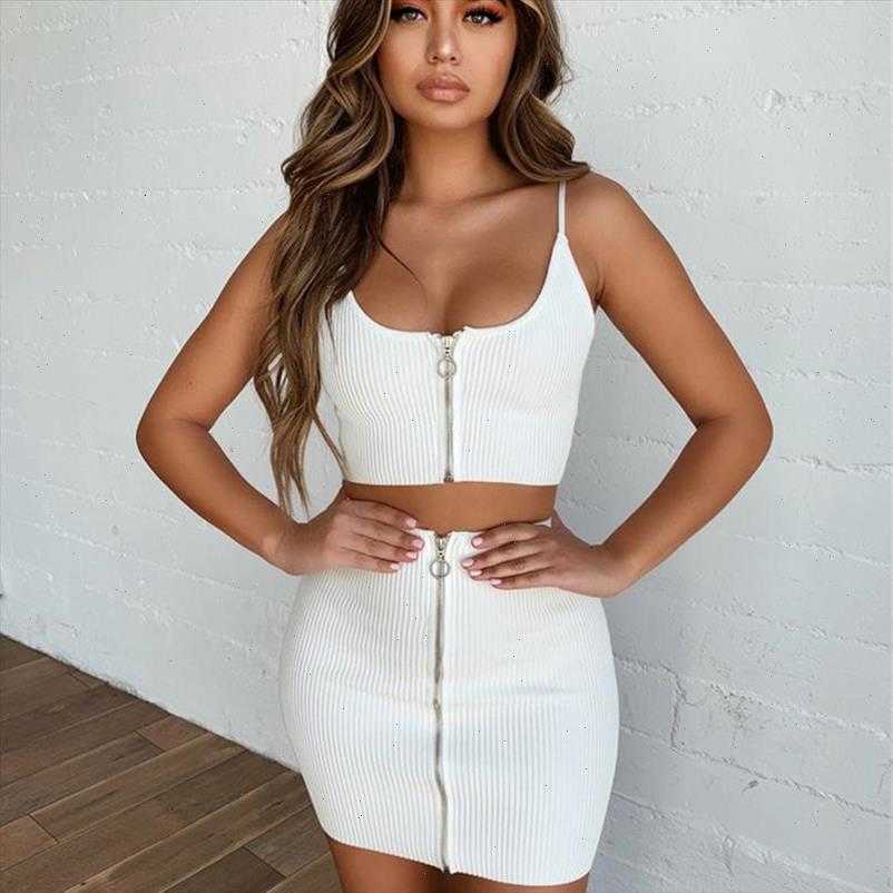 Women Two Piece Sets Tracksuits Sexy Sling Strapless Sleeveless Mini Dress Pit Style Zipper Decor Solid Top Short