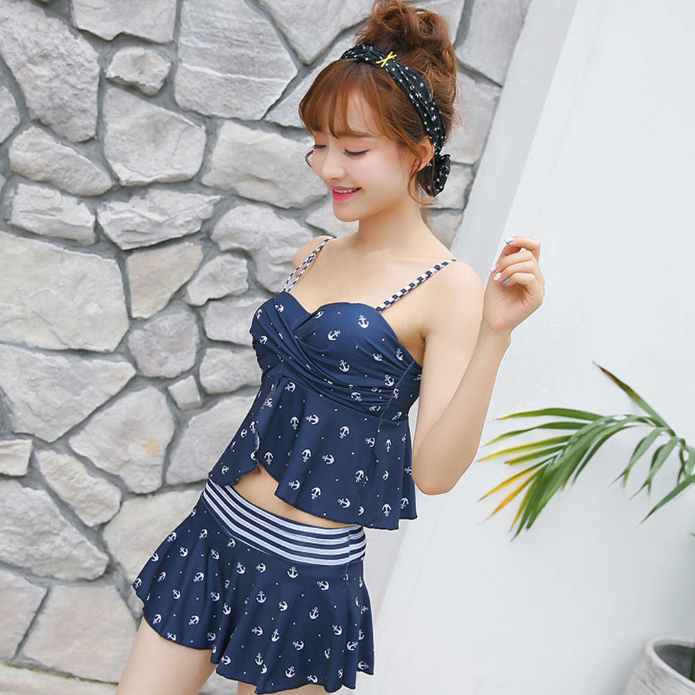 

Split Boxer Swimsuit Women's Steel Tuobikini Hot Spring Piece Suit Slim Gathered Skirt triangl swimwear, 1668 royal blue
