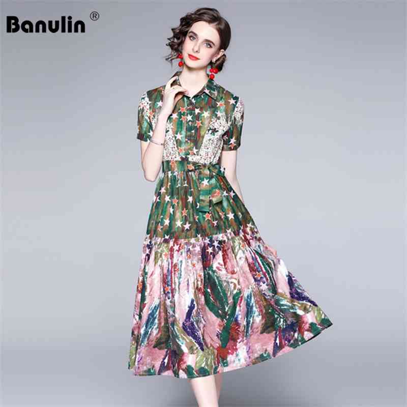

Banulin Summer Runway Shirt Dress Women's Turn Down Neck Art Stars Graffiti Lace up Belt Holiday Midi N68155 210603, Mixed color