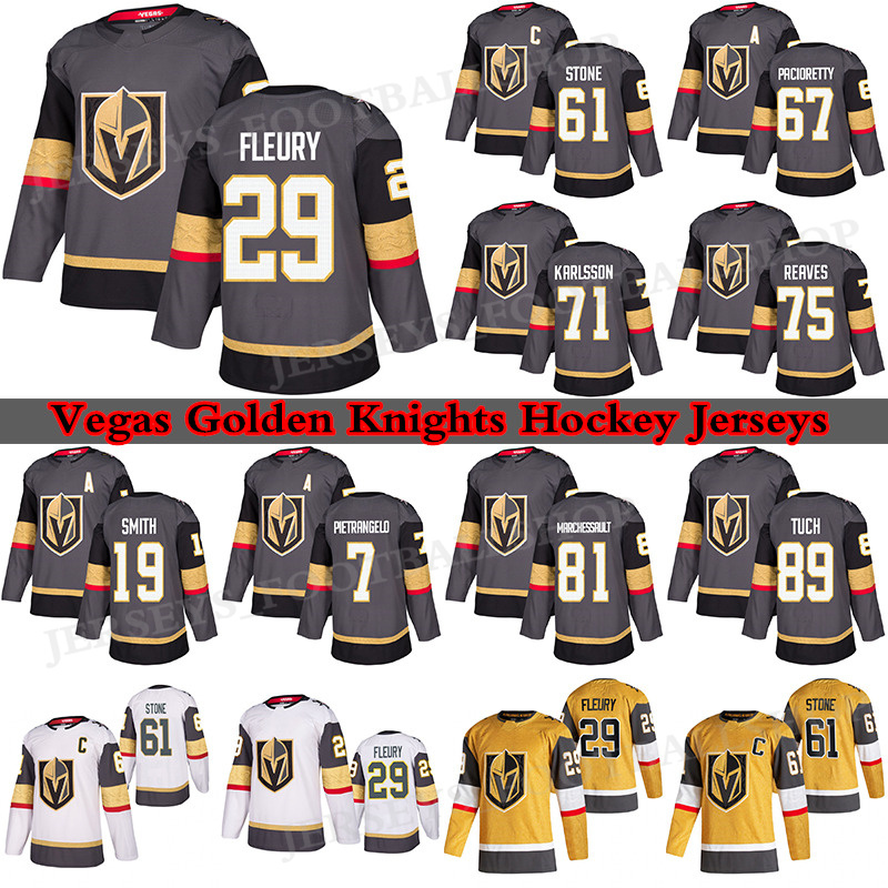 

Vegas Golden Knights Jersey 29 Marc-Andre Fleury 61 Mark Ston 75 Ryan Reaves 71 William Karlsson 67 Max Pacioretty 7 Pietrangelo Hockey Jerseys, Grey