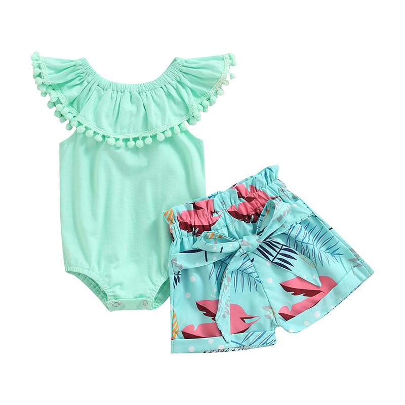 

Clothing Sets Infant Baby Girls Summer Suit, Solid Color Sleeveless Bobbles Romper Tops Leaves Printed Shorts, White