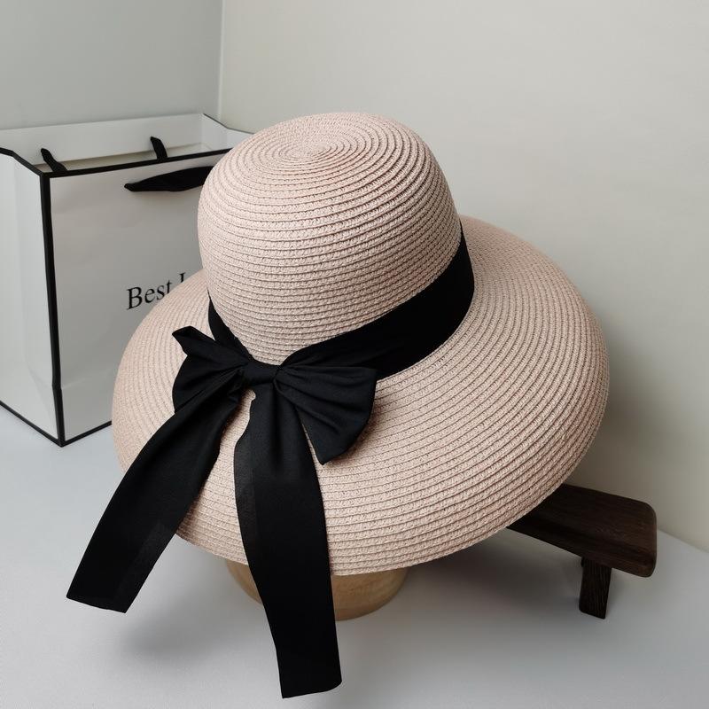 

Summer Straw Hat British Bow Ribbon Accessory Lampshade Large Brim Folding Sunshade Travel Sunblock Wide Hats, White