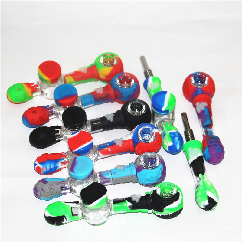 

wholesale Silicon Smoking Pipes Silicone Glass Nectar with 14mm Titanium Tips Dab Straw Pipe Nector Kit