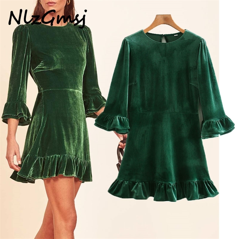 

Dres Chic Fashion Pleated Velvet Mini Vintage Long Sleeve Slim Female es Vestidos Mujer 210628, As picture