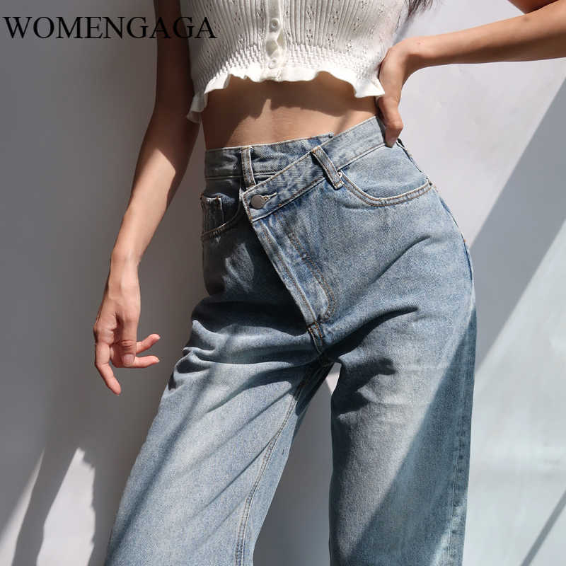 

WOMENGAGA Street Jeans High Waist Loose Slimming Straight Wide Leg Pants Casual Irregular Denim Women's NX6O 210603, Washed blue