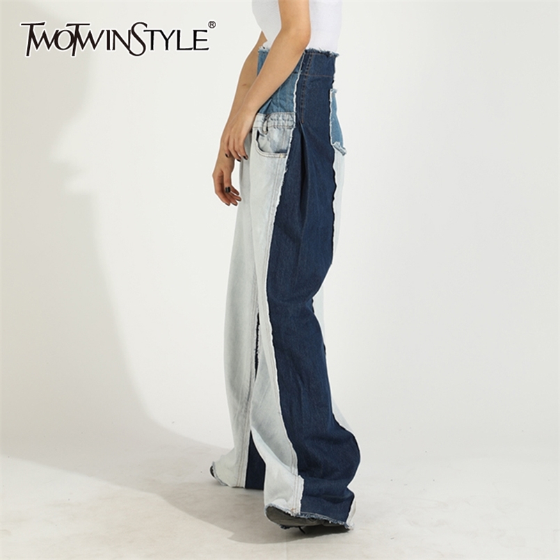 

Casual Patchwork Pocket Jeans For Women High Waist Hit Color Loose Denim Pants Female Spring Fashion 210521, Blue