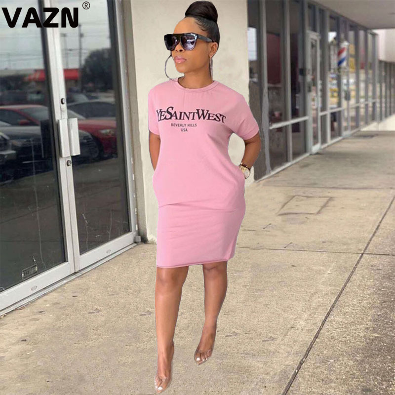 

VAZN Letter Print Holiday V-neck A-line Party Street Night Club Sexy Slim Young Dress 2020 Short Sleeve dress Lady Dress, Gray