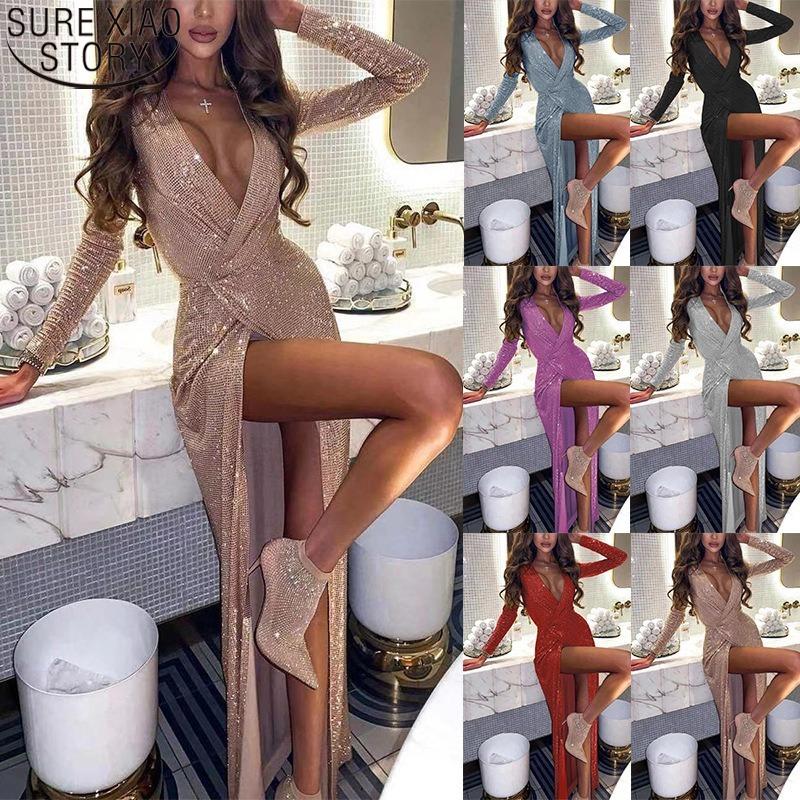 

Casual Dresses 2022 Spring Split Low V-neck Sexy Nightclub Dress Long Sleeve Sequins Fashion High Waist For Women 18487, Black;gray