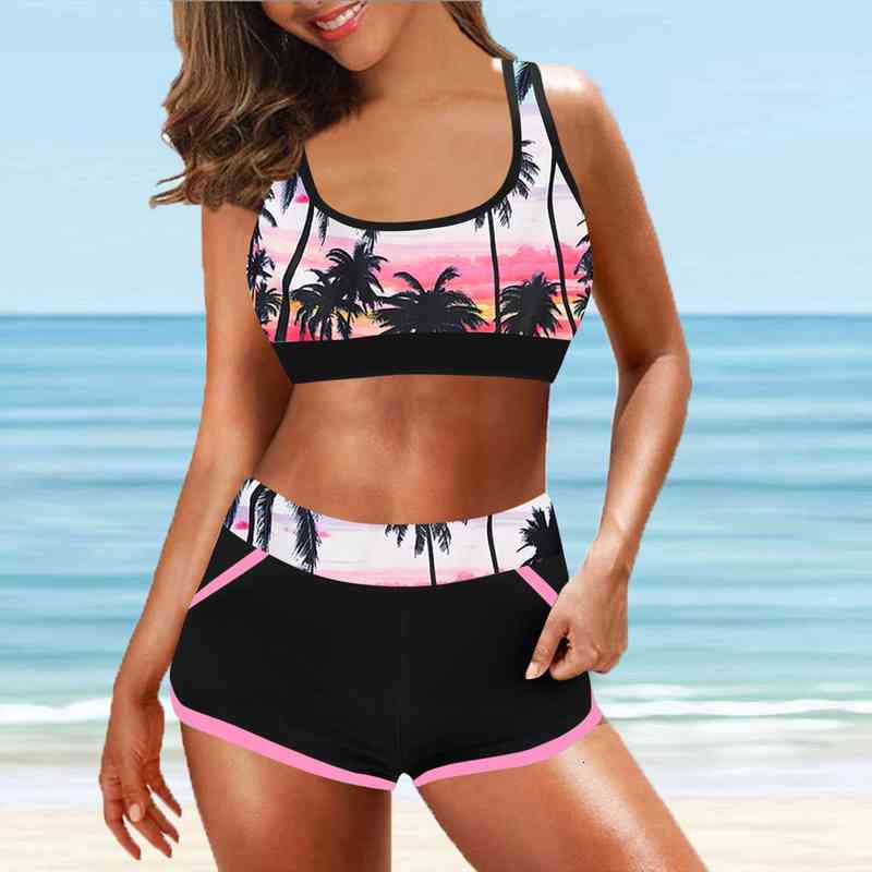 

women high waist print split bikini set swimwear vest with pockets boxer pants printed bikini beachwear digital, White;black