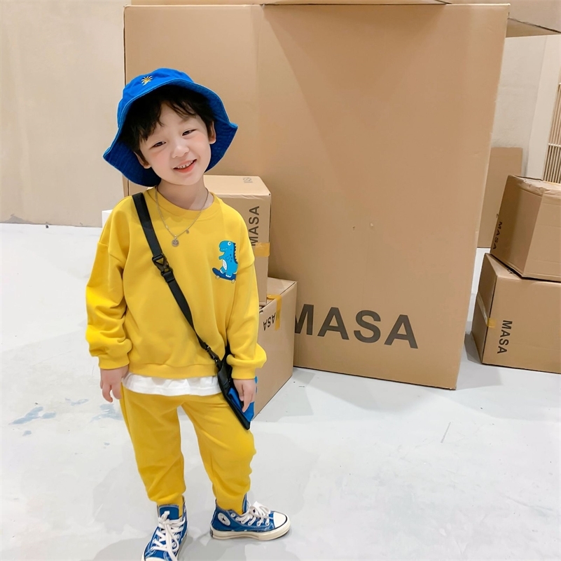 

Spring Autumn boys cartoon dinosaur fashion sports suits Kids long sleeve patchwork sweatshirt and trousers 2pcs sets 210708, Yellow