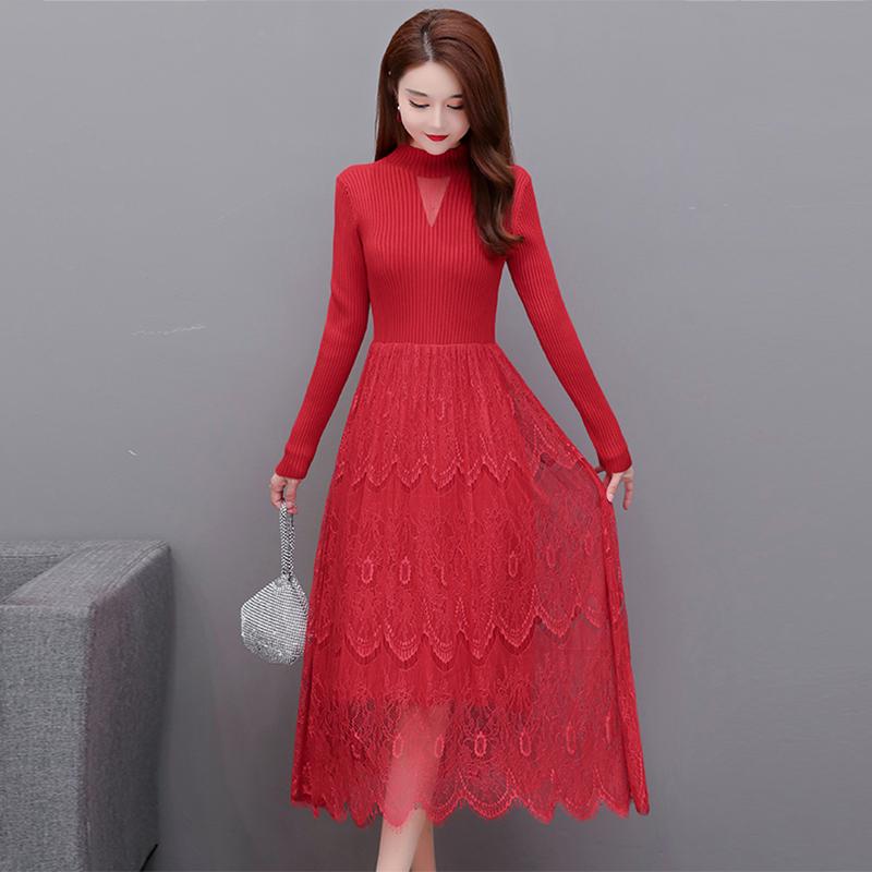 

Casual Dresses Women Sweater Mid-calf Dress Slim Solid Pleated Winter Long Sleeve Office Lady Knee Length Lace Fashion Clothes, Red