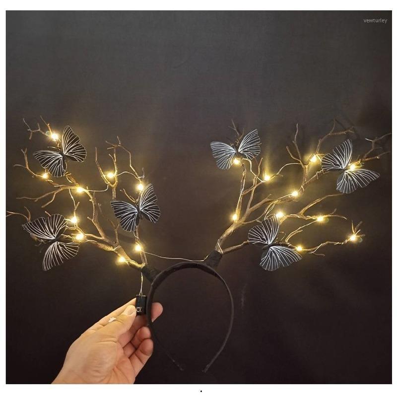 

Party Decoration LED Luminous Glowing Simulation Black Butterfly Branch Christmas Headband Headdress Children Kids Adults Girl Favors Props