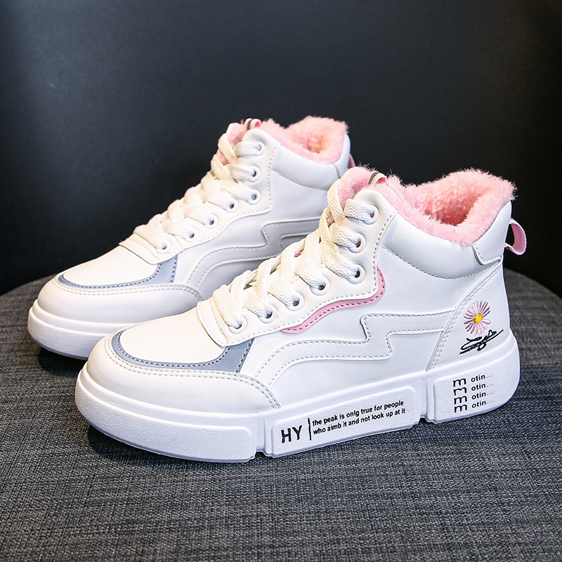 

Fashion Womens Shoes High-Top Sport Shoes Short Plush Warm Shoes Daisy Embroidery Increase White Sneakers Winter