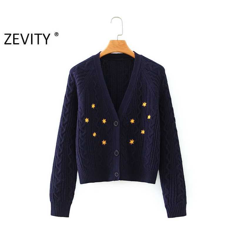 

Zevity women vintage floral embroidery Embroidery Cardigan Sweaters chic female leisure v neck long sleeve knitted tops S347 210603, Xz s347