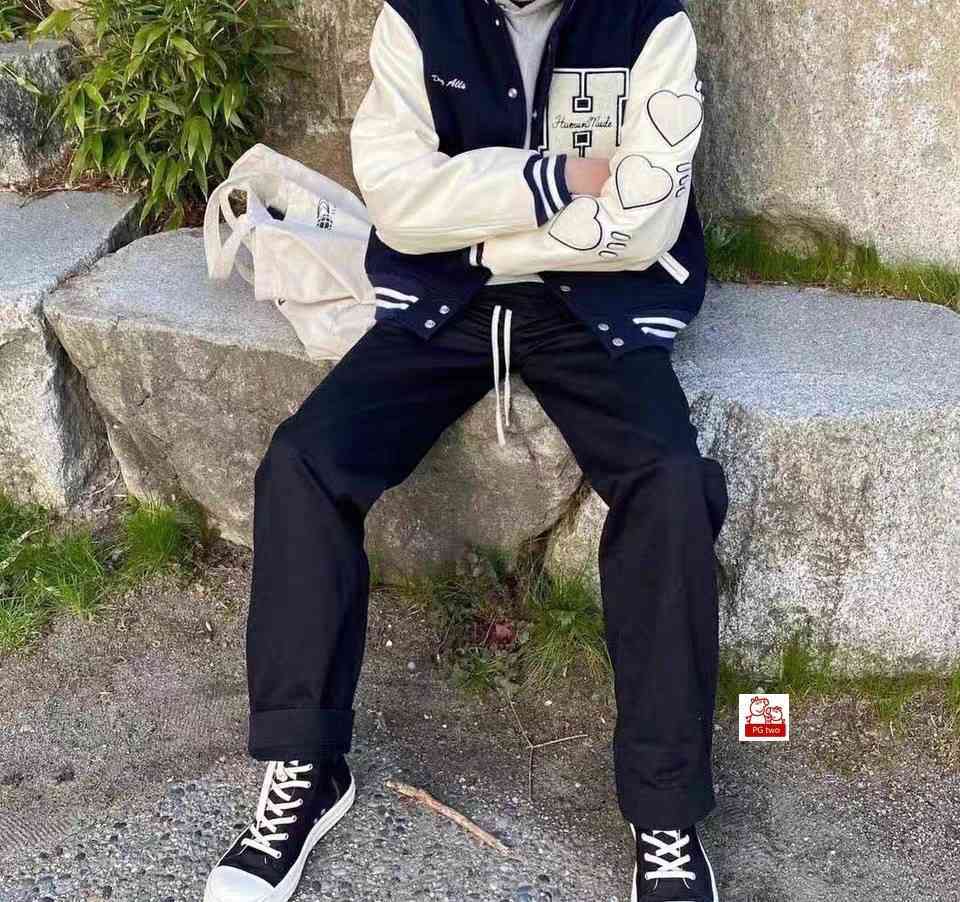 

20aw human/made wool leather sleeve love slogan color blocking Baseball Jacket cotton casual jacketYLR, Black;brown