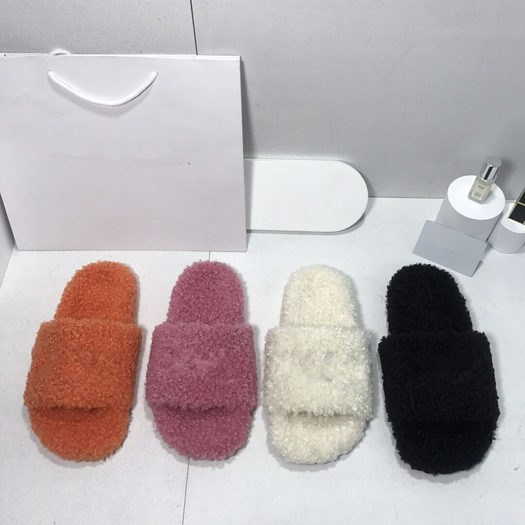 

women furry letter slippers fluff slides sandal Australia fuzzy soft house ladies shoes fur fluffy sandals winter slipper sexy flip flops wool loafer with box 188, Black