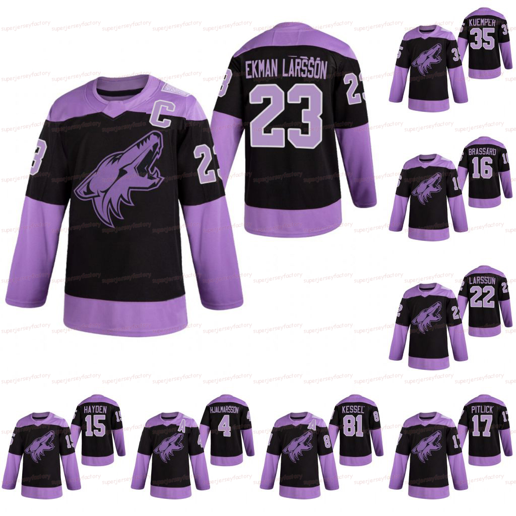 

Arizona Coyotes 2021 Hockey Fights Cancer Oliver Ekman-Larsson Clayton Keller Christian Dvorak Carl Soderberg Phil Kessel Garland Jerseys, Blue;black