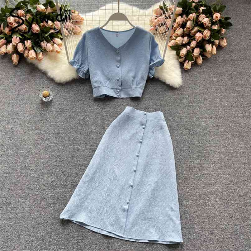 

2 Piece Skirts Sets Women Summer Button Up Ruffles Puff Sleeve V Neck Shirts and Elastic Waist Midi Skirt Blue 210607, Gray
