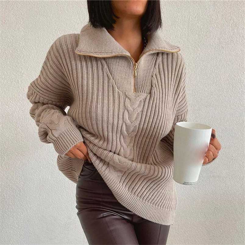 Women Sweaters Polo Collar Twisted Turtleneck Knitted Zipper Green Winter Women's Sweater Jumper Drop-shoulder Fashion Pullover 211224-image-747866687