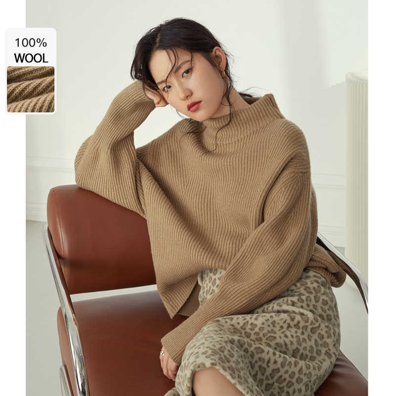 

FANSILANEN 100% wool oversized turtleneck knitted sweater Women casual streetwear autumn winter pullover Female knitwear jumper 210607, Khaki