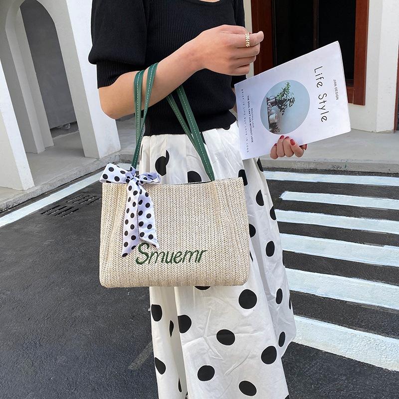 

Summer Fashion Women Tote Bags With Straw Woven 2021 Silk Ribbons Designs Large Shopping Travel Top-Handle Handbags Shoulder, L20214281530-4