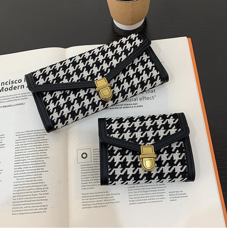 

Factory wholesale women handbag sweet ladies plaid long wallet elegant atmospheric printing card fashion folding color matching large leather wallets, Black2(boutique box)