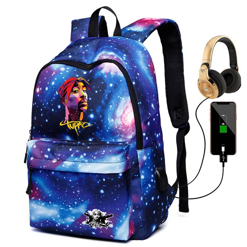 

Unisex Galaxy Waterpoof 2Pac Rucksack Student School Rap Singer Oxford Bag With USB Charging Casual Travel Backpack Bags