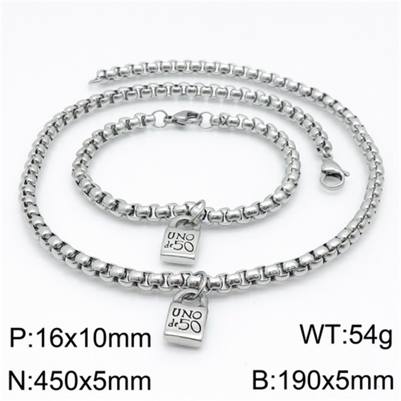 

Fashion Women Men Silver Color Gold Stainless Steel Round Lock Key Uno 50 Ball Bead Chain Cross Bracelet Necklace Jewelry Sets, 19