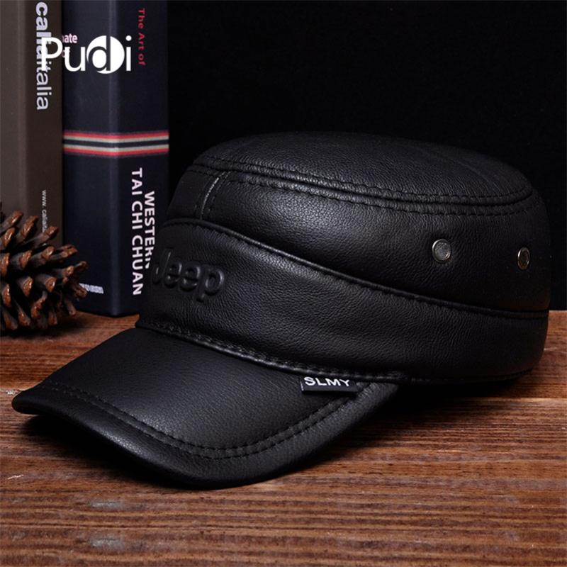 

Wide Brim Hats Pudi Men Genuine Leather Hat Cap Boy Male Real Baseball Caps Military HL024, Blue;gray