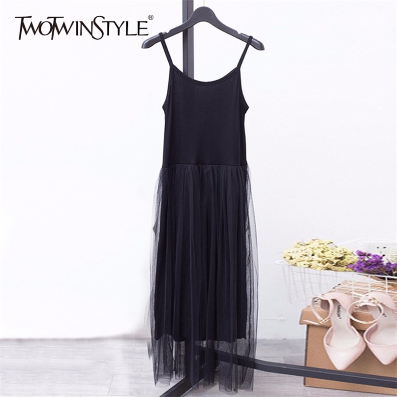 

Mesh Basic Dress Female Patchwork Big Size Spaghetti Strap Midi Dresses Spring Summer Fashion Casual Clothing 210520, Black