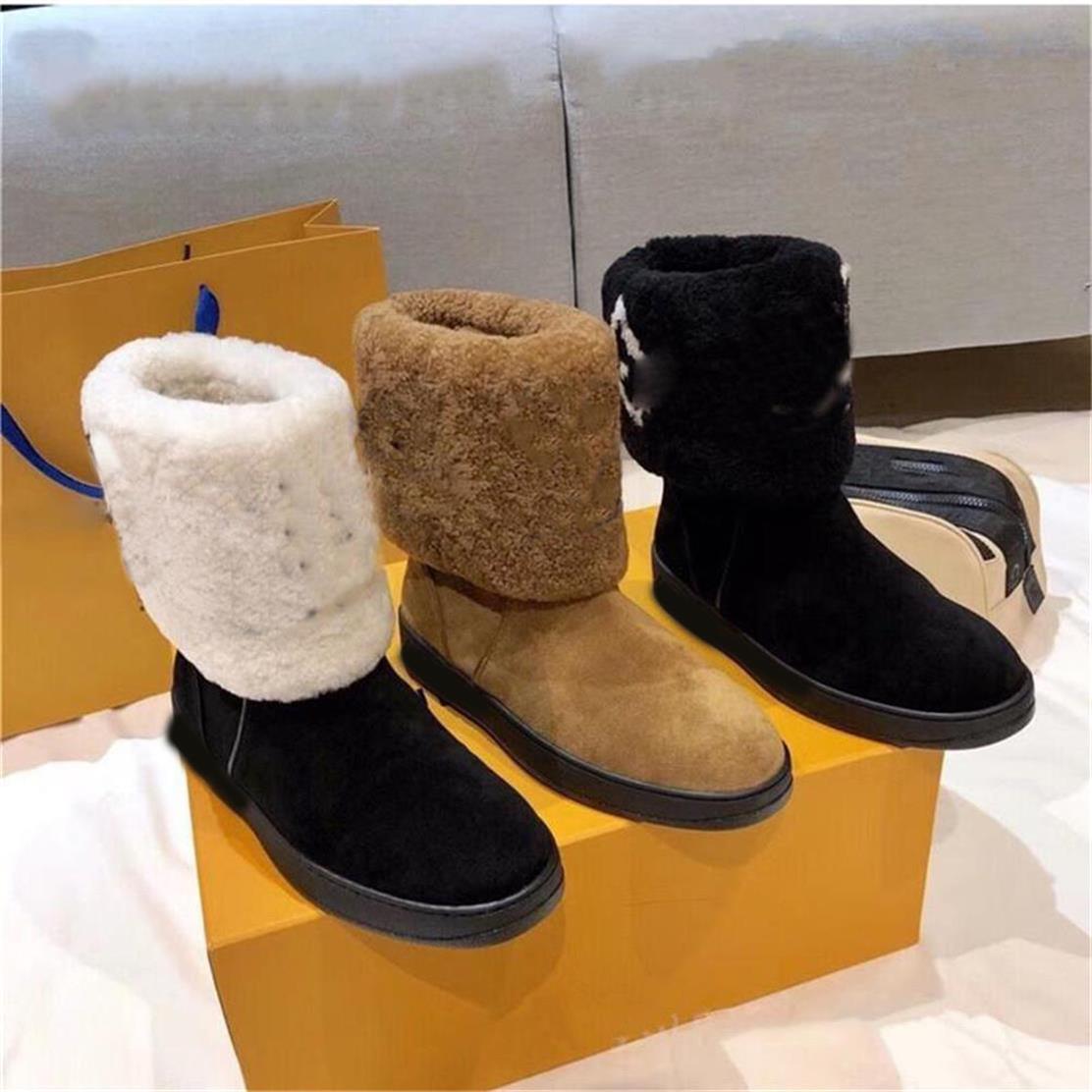 

2021 Designers Boots Fashion Snow Women Soft Leather Flat Girls Casual Winter Brown Black White Stitching Color Shoe With Fur Half Boot Size