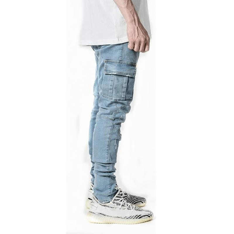 

Men's Jeans Pants Casual Cotton Denim Trousers Multi Pocket Cargo Men Fashion Pencil Side Pockets Mens, Blue
