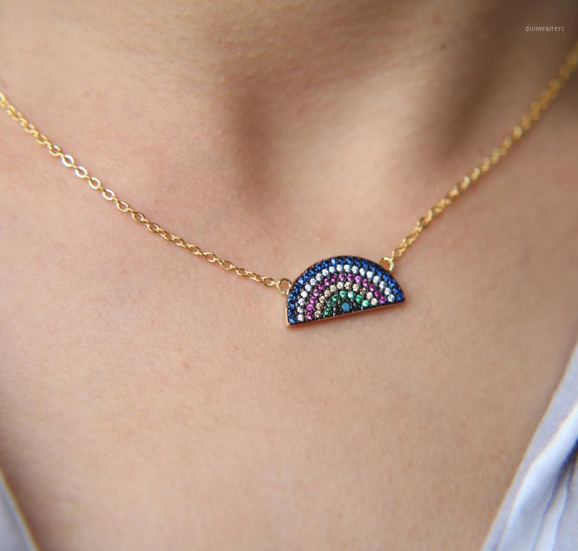 

Chains Fashion Charm Geometric Semicircle Pendant Necklace Like Watermelon Shape Paved Mini Rainbow CZ Tiny Chain Connect Funny Jewelry