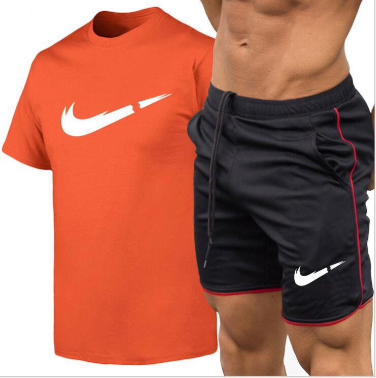 

2021 Men Casual Set Fashion 2 PCS Sweat Suit Brand Print Tracksuit Short Sleeve T-shirt Shorts Sets Male Sportswear Summer Sportsuit