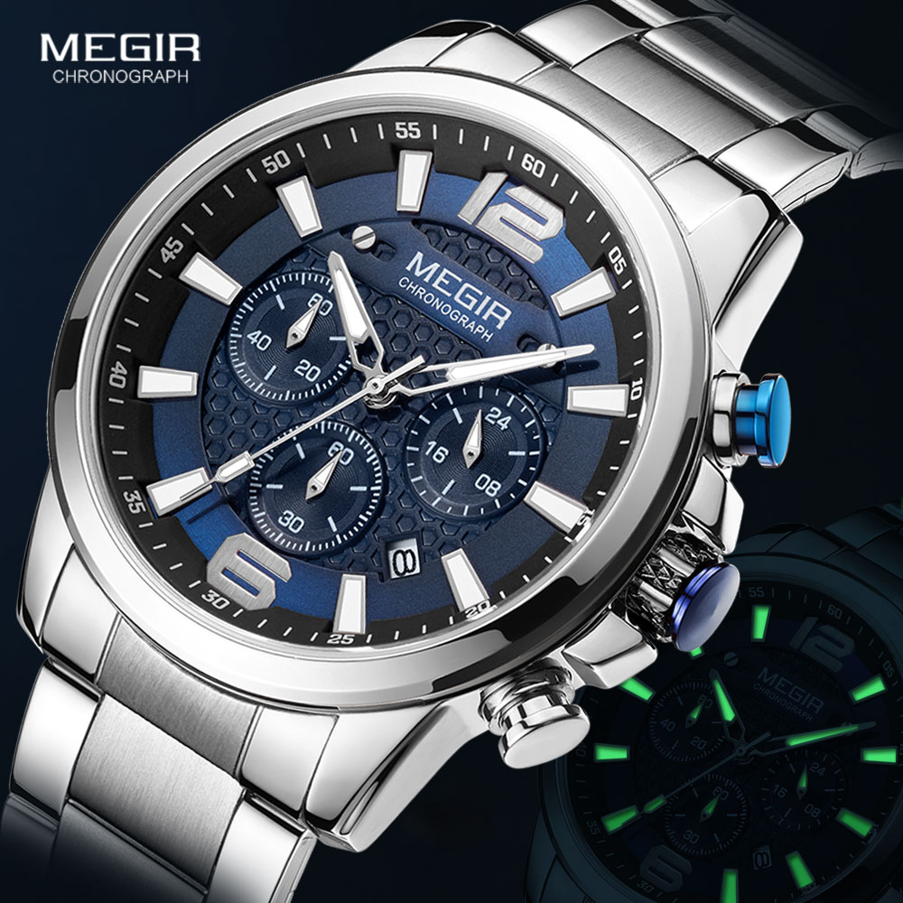 

MEGIR 2021 Luxury Watches Men Top Brand Stainless Steel Waterproof Luminous Wristwatch Blue Sports Chronograph Quartz Watch Mang, Ms2156g-silver blue