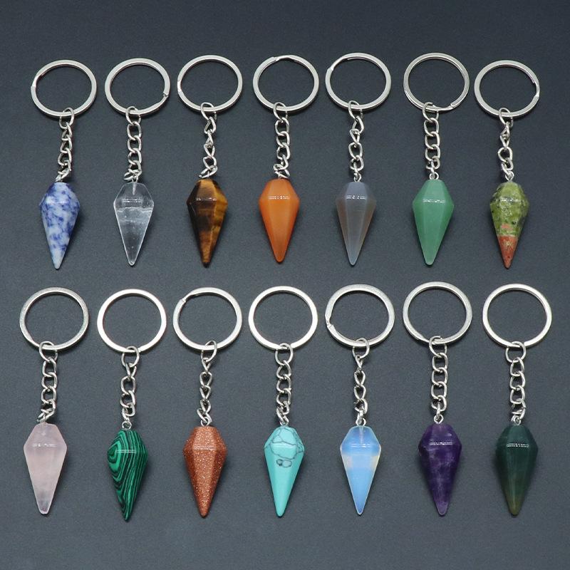 

Keychains Natural Stone Pink Crystal Taper Key Chain Aventurine Opal Tiger Eye Pendant Ring Bag Accessories