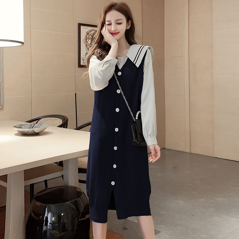 

skirt High Quality Autumn Winter Students 2 Piece Women Apricot Shirt Blouse + Sleeveless Single Breasted Knit Sweater Dress Set AD3Y, Black
