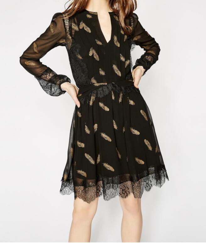

Casual Dresses Black Dress Gold METALLIC Feather Print V-neck Long Sleeve Lace Embroidered Detail TRIM SHORT