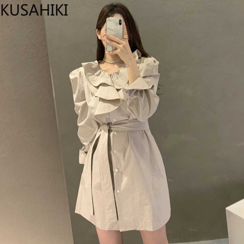 

Korea Chic Spring Dress Women Ruffle O-neck Puff Sleeve Dresses Lace Up Slim Waist Single Breasted Vestidos Mujer 6F815 210603, Black