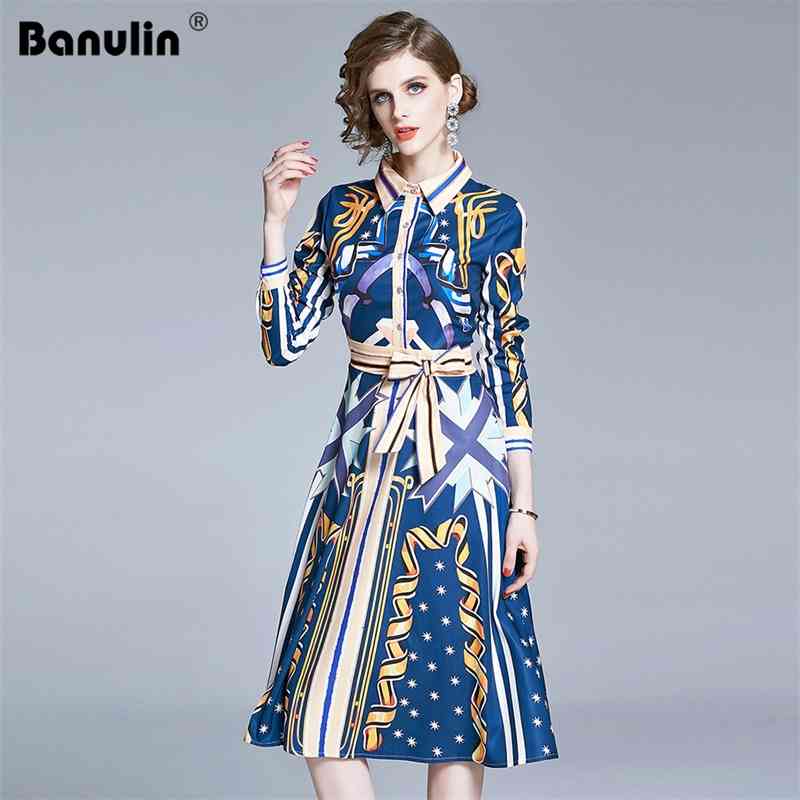 

Banulin Spring Autumn Women Vintage Dresses Runway Quality Long Sleeve Floral Print Elegant Midi Dress Vestido Robe Femme 210603, Blue