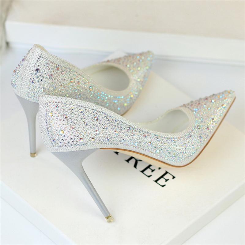 

Dress Shoes 2021 Luxury Women Glitter Rhinestone Thin High Heels Pumps Bride White Silver Crystal Cinderella Wedding Plus Size, Gray 10cm heels