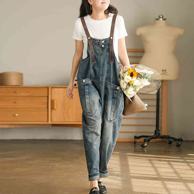

Johnature Women Vintage Denim Jumpsuits Casual Pockets Summer Clothes Loose All-match Comfortable Jumpsuits 210521, Blue