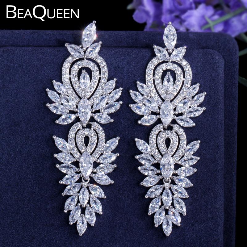 

Dangle & Chandelier BeaQueen Marquise Cut Cubic Zirconia Long Dropping Beautiful Bridal Earrings For Wedding Costume Jewelry Accessories E03