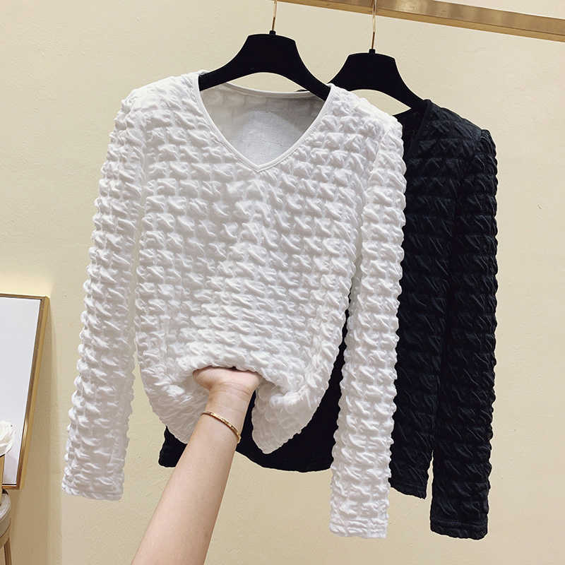 

Korean Pleated Top Womens Clothing Spring Solid Tshirt Sexy V Neck Long Sleeve T-shirt Women Fashion Tee Shirt Femme 210604, Black
