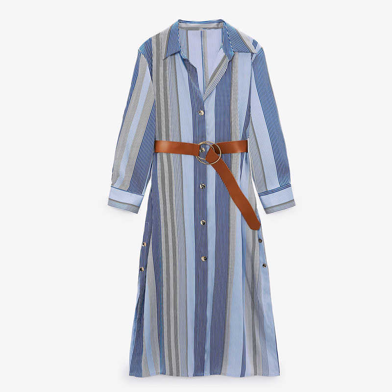 

Women Belted Striped Shirt Dress Za Spring Blue Long Sleeve Office Lady Dresses Woman Chic Side Slits Button Up Midi Dress 210602, As picture