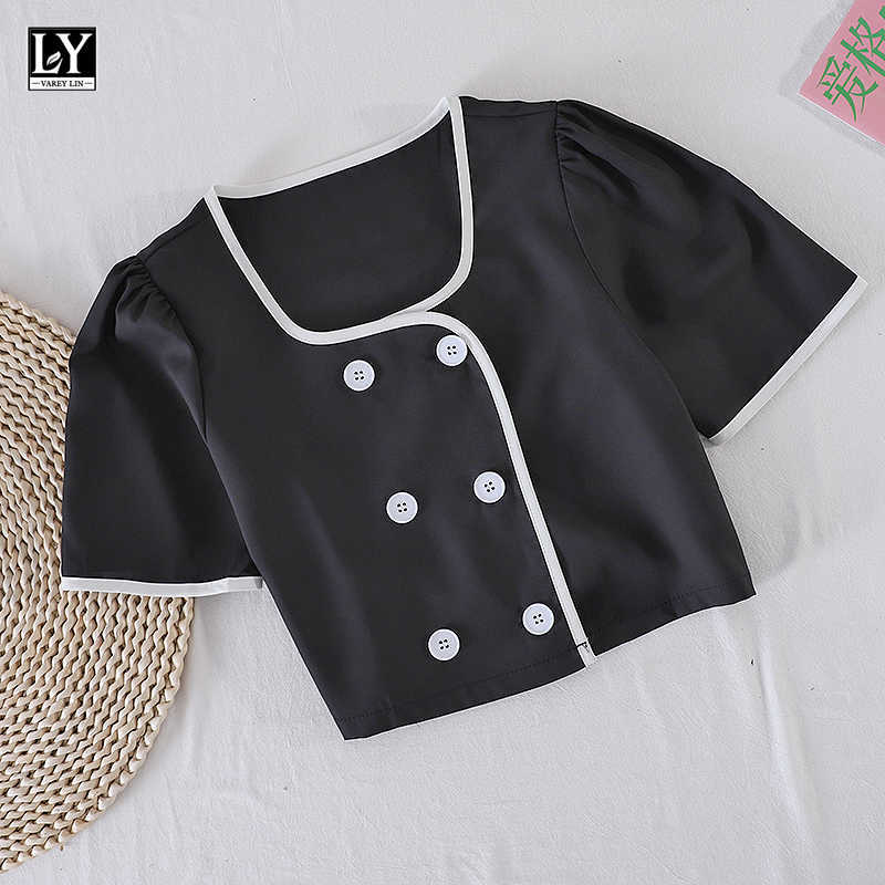 

LY VAREY LIN Summer Women Casual Puff Sleeve Double-breasted Chiffon Shirts Office Lady Square Collar Short Tops 210526, Black